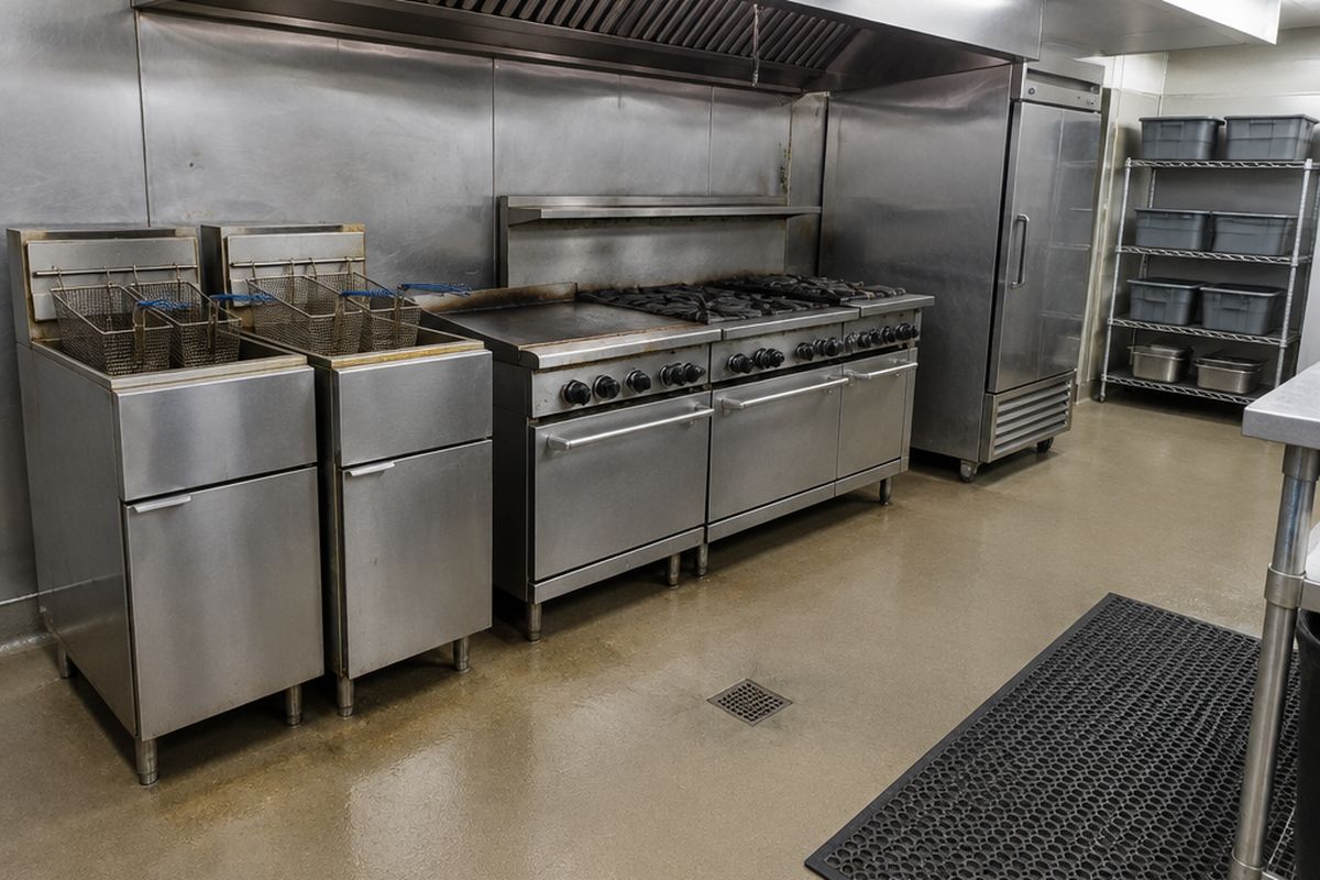 A restaurant cookline with a tan-gray urethane cement floor, coved base and floor drain, stainless fryers and a griddle under an exhaust hood