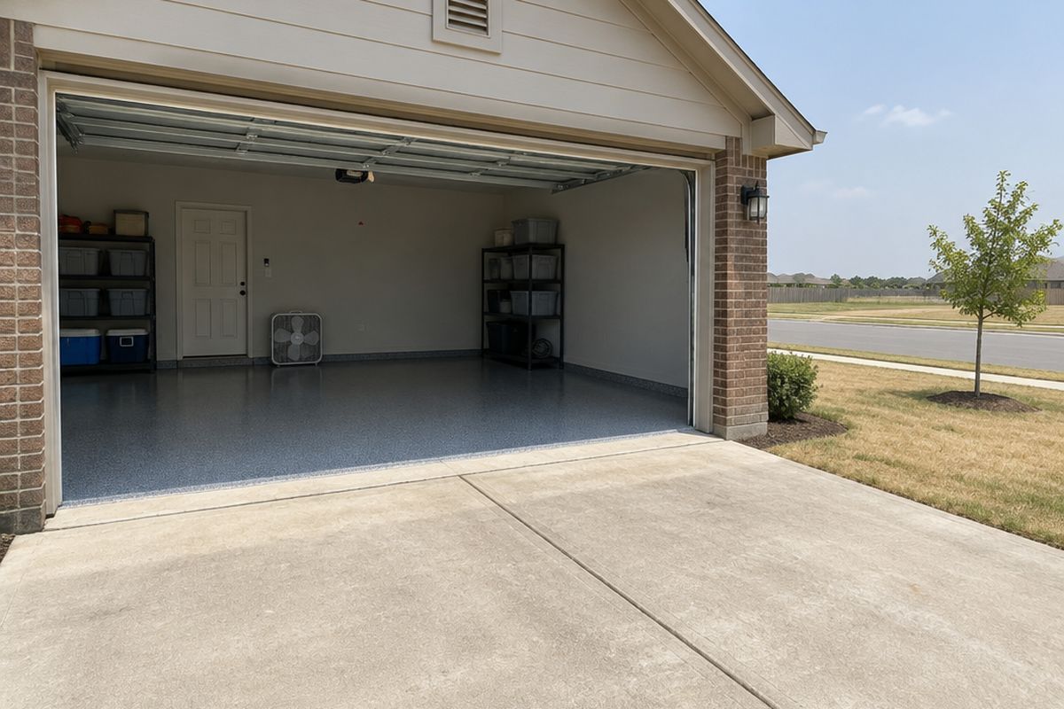 An open two-car garage seen from the driveway on a hot afternoon, its light gray polyaspartic floor catching a band of sun, with a box fan and a cooler inside