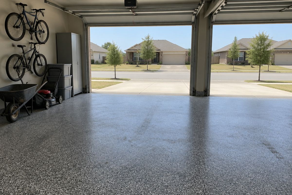 A three-car garage with a gray, black and white flake floor, a wheelbarrow, a lawn mower, bicycles on wall hooks and open doors to a flat street