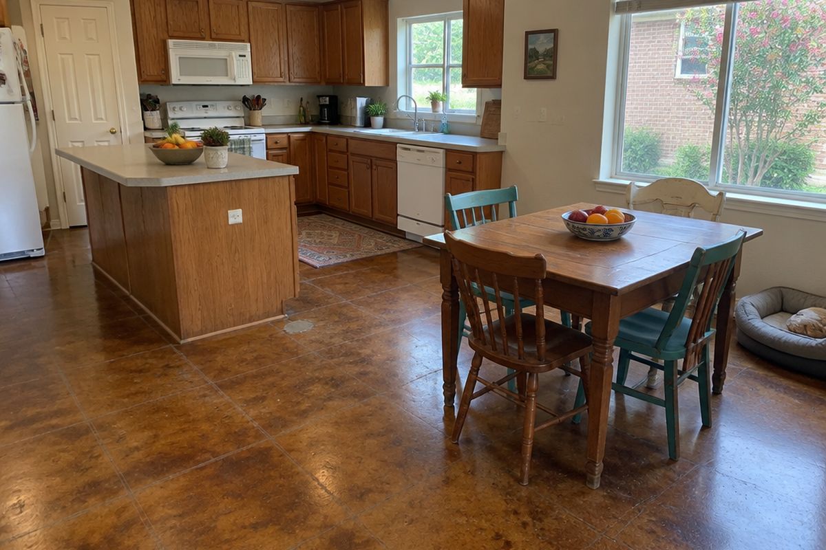 A kitchen and breakfast area with an amber-brown stained concrete floor showing mottling and faint marks of old tile, a wooden table and mismatched chairs