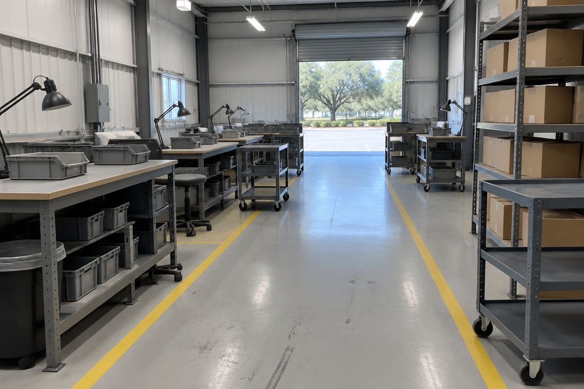 A light manufacturing assembly room with a light gray epoxy floor, yellow aisle lines, steel workbenches with gray parts bins and rolling carts