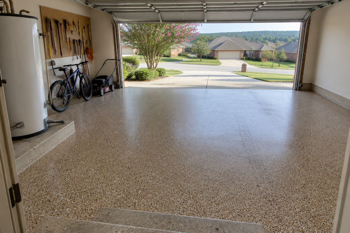 View from the house steps across a two-car garage with a tan, brown and cream flake floor, a water heater, pegboard tools and a bicycle, toward a brick-lined street