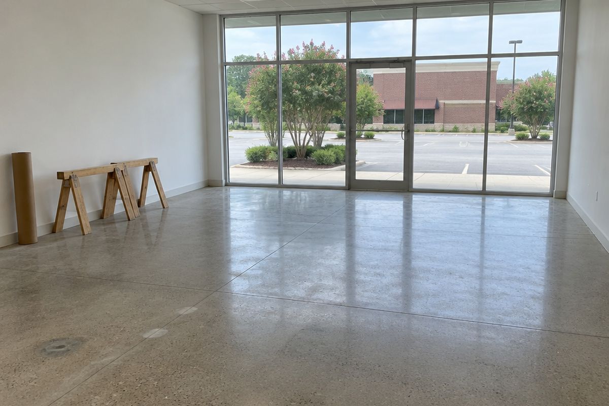 An empty retail space with a low-sheen polished concrete floor, saw-cut joints and small patches, bare white walls and a glass storefront facing a parking lot