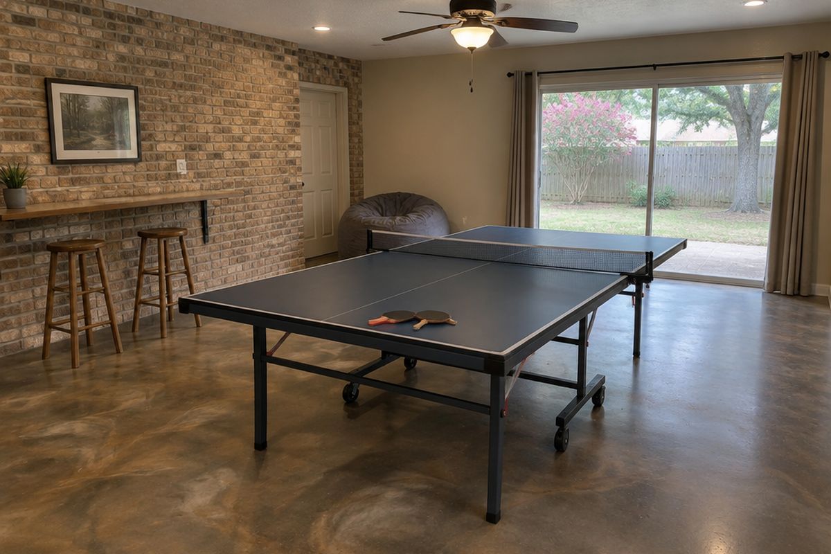 A game room with a bronze and warm gray metallic epoxy floor, a ping-pong table, two bar stools and a sliding glass door to a fenced backyard