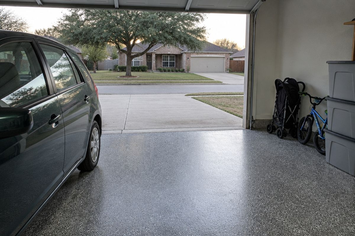 A two-car garage with a parked hatchback beside a gray, black and white flake floor with a satin topcoat, a stroller, a child's bike and stacked storage tubs