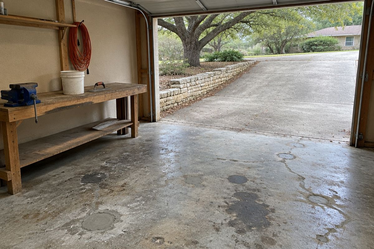 A workshop floor of worn, pitted concrete with oil stains, gray patching mortar over spalls and filled cracks, a wooden workbench and an open door to a driveway